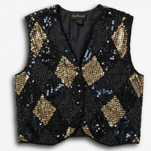 Spellbound Vintage Silk Beaded Sequin Vest Black Gold Harlequin Diamond‎ Womens